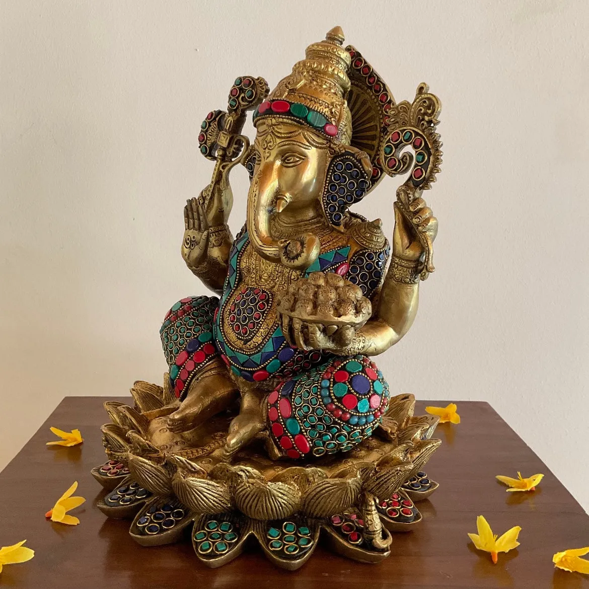 11 Inches Lotus Lord Ganesh Brass Idol With Stonework - Ganpati Statue for Home Decor