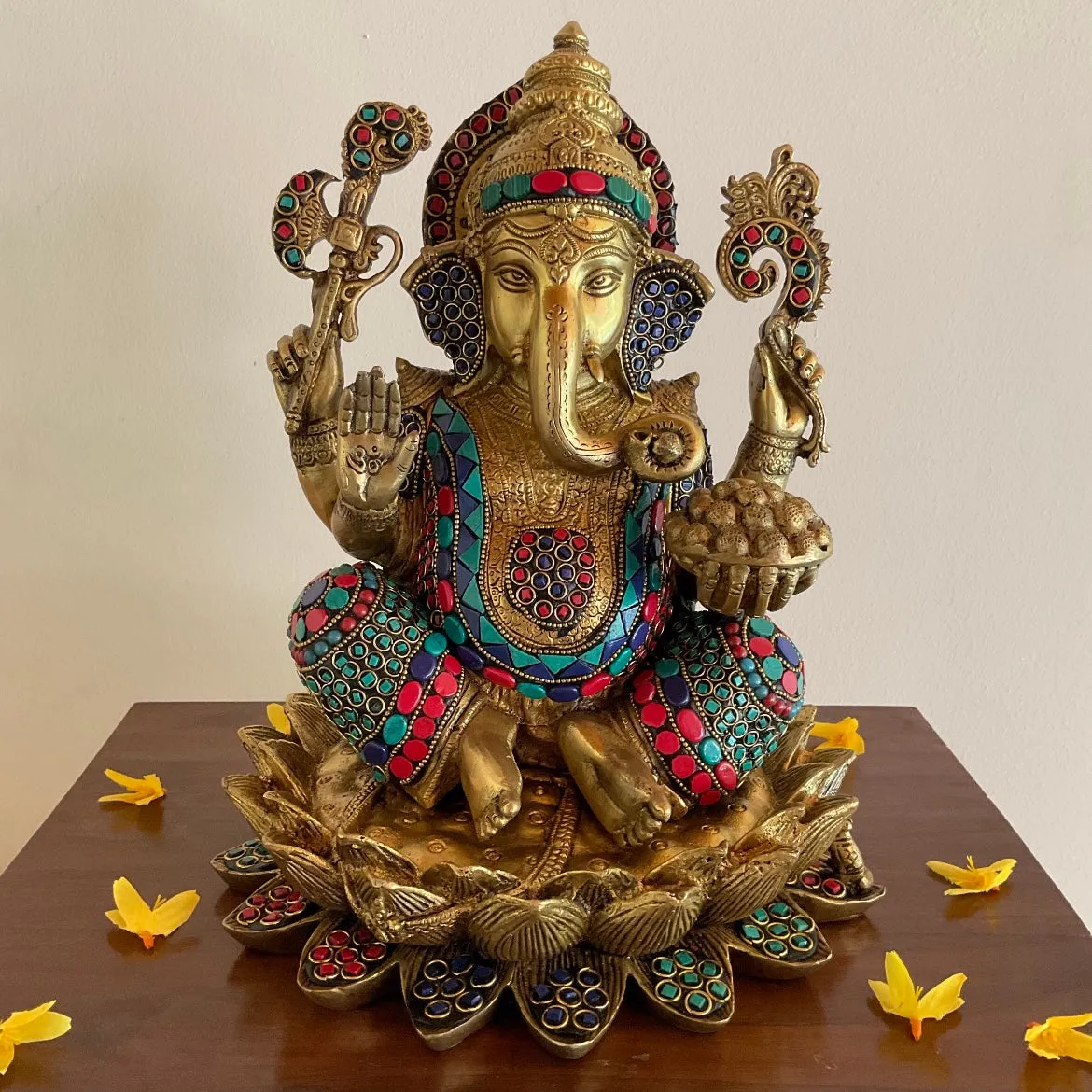 11 Inches Lotus Lord Ganesh Brass Idol With Stonework - Ganpati Statue for Home Decor