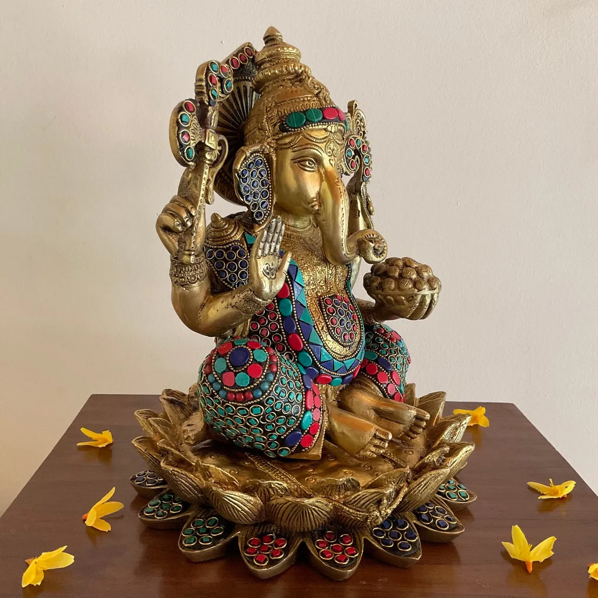 11 Inches Lotus Lord Ganesh Brass Idol With Stonework - Ganpati Statue for Home Decor