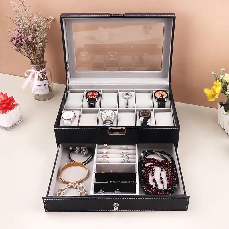 12 Slots Double layer PU Leather Watch Storage Box