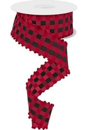 1.5" Check with Poms Ribbon: Red (10 Yards)