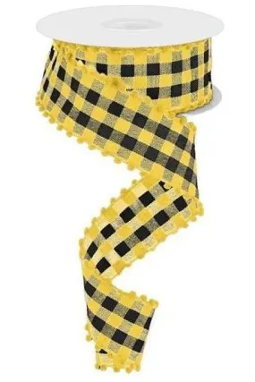 1.5" Check with Poms Ribbon: Yellow (10 Yards)