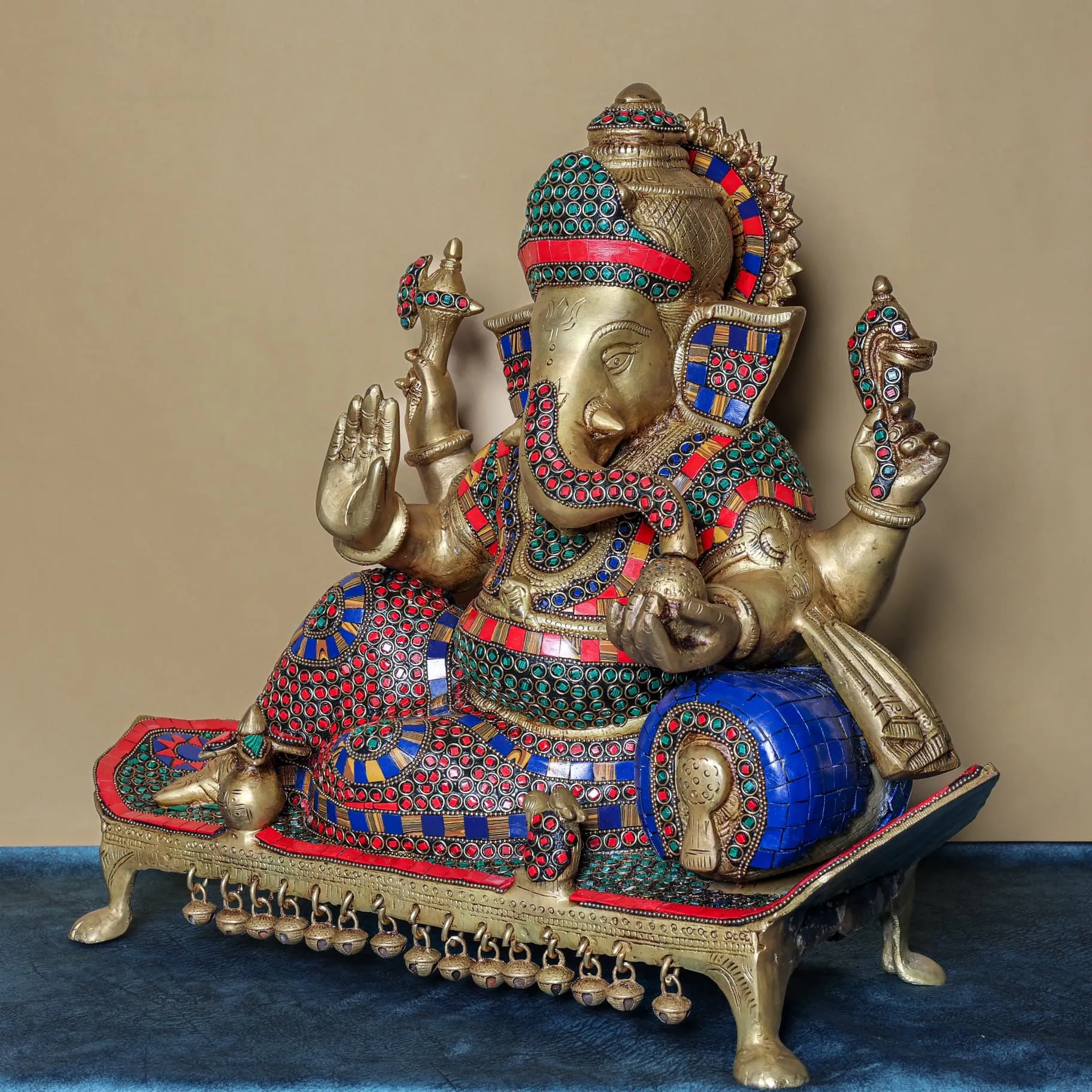 16 Inch Ganesh Statue Brass Stonework Idol - Large Ganpati Murti for Home Office Decor