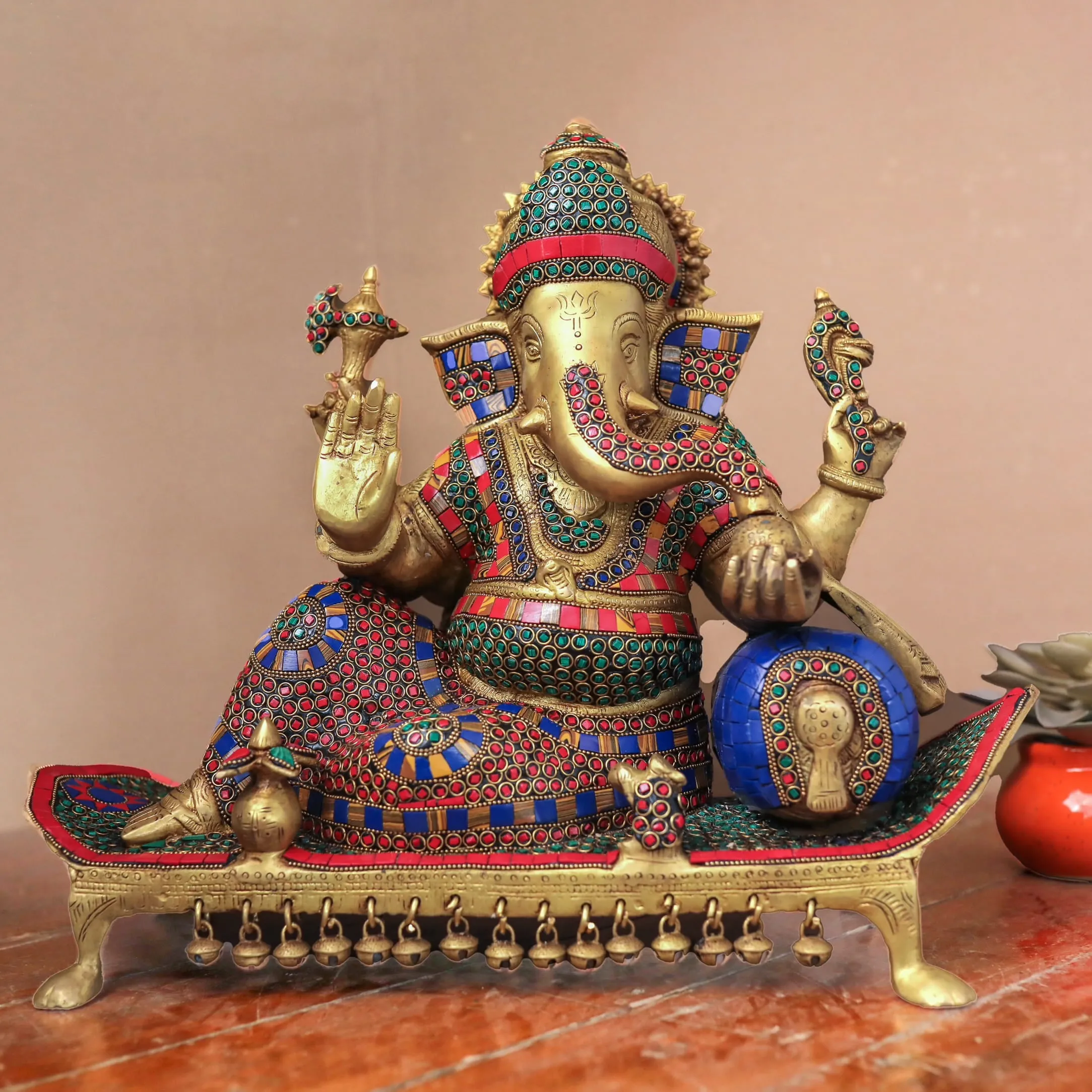 16 Inch Ganesh Statue Brass Stonework Idol - Large Ganpati Murti for Home Office Decor