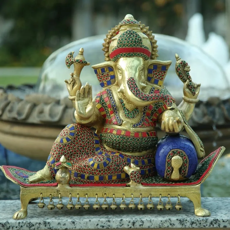 16 Inch Ganesh Statue Brass Stonework Idol - Large Ganpati Murti for Home Office Decor