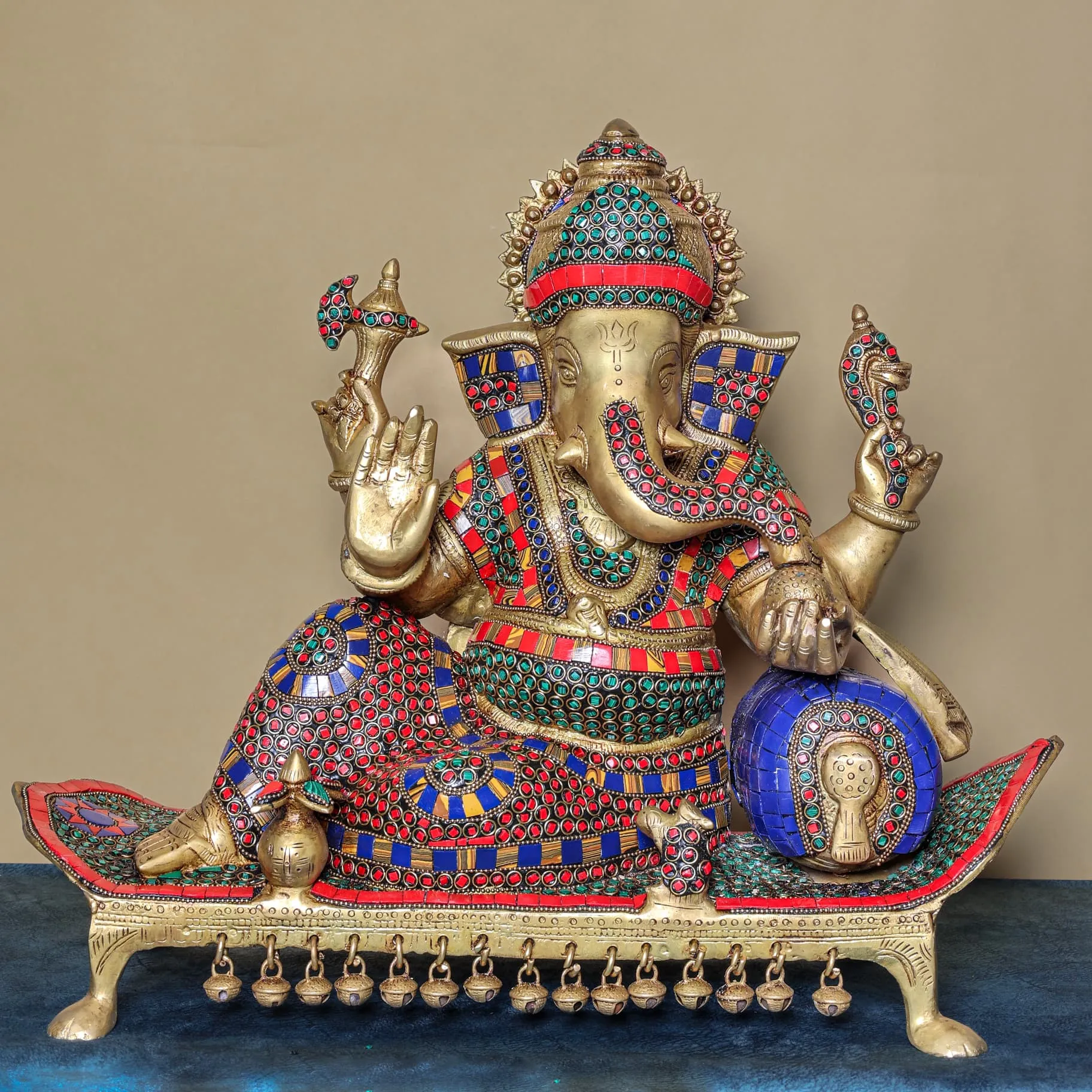 16 Inch Ganesh Statue Brass Stonework Idol - Large Ganpati Murti for Home Office Decor