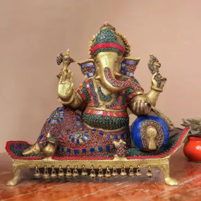 16 Inch Ganesh Statue Brass Stonework Idol - Large Ganpati Murti for Home Office Decor