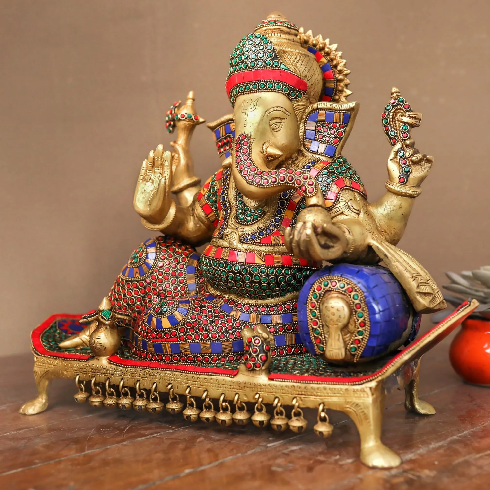 16 Inch Ganesh Statue Brass Stonework Idol - Large Ganpati Murti for Home Office Decor