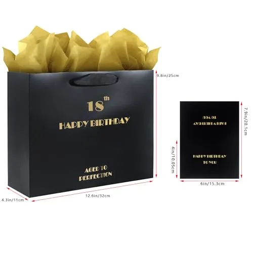 16th Birthday Gift Bag, Black Gold 16h Birthday Bag with Tissue Paper and Greeting Card for Birthday Party, Happy 16th Bithday Gift Bags for Men Women, 12.6" Medium 16th Gift Bags