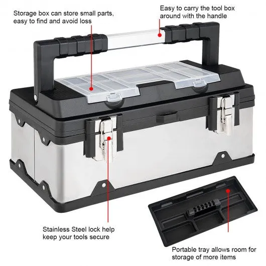 18" Tool Box Stainless Steel and Plastic Portable Organizer with Lid