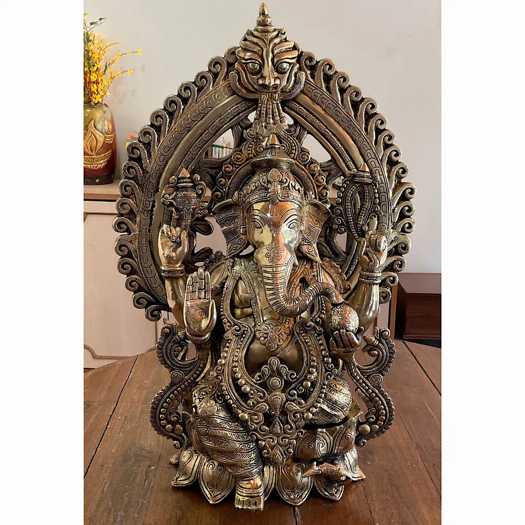 25 Inches Lord Ganesh Brass Idol With Prabhavali - Handcrafted Ganpati Decorative Statue for Home Decor