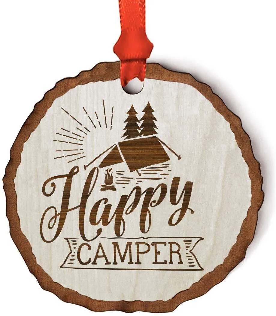 Andaz Press Real Wood Rustic Christmas Ornament, Engraved Wood Slab, Happy Camper