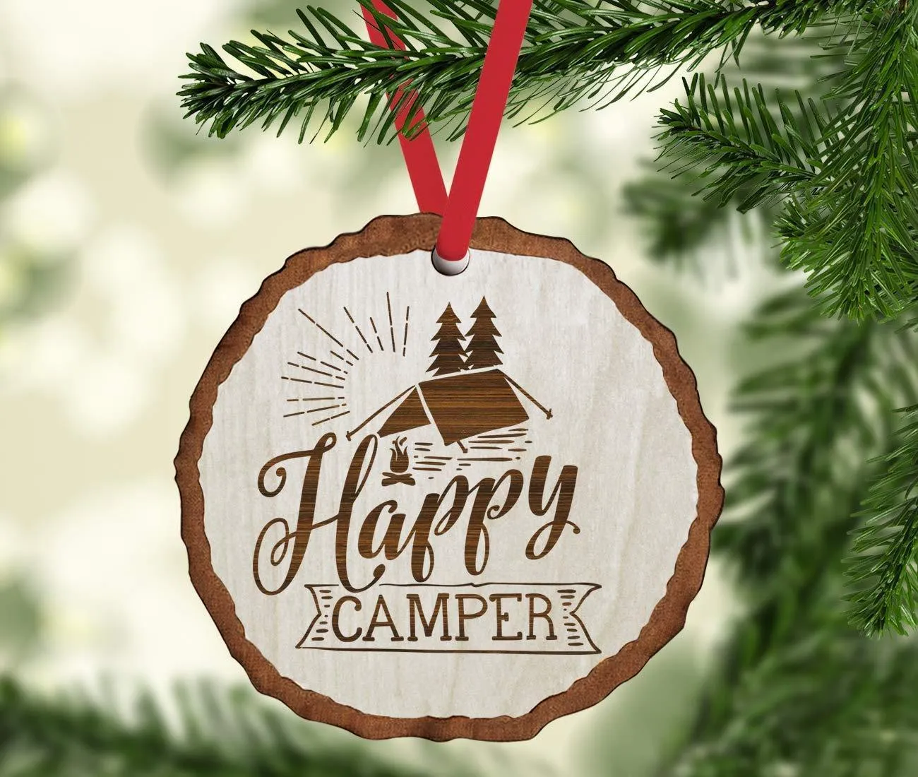 Andaz Press Real Wood Rustic Christmas Ornament, Engraved Wood Slab, Happy Camper