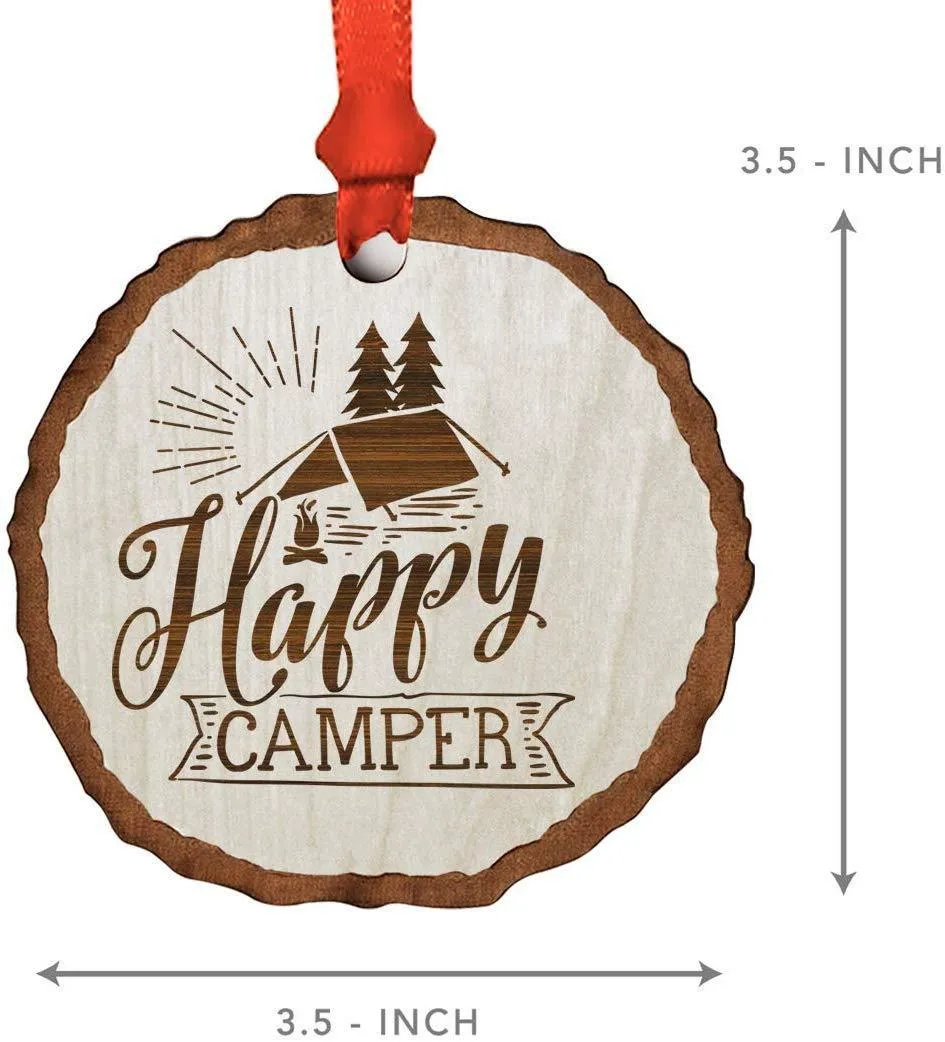 Andaz Press Real Wood Rustic Christmas Ornament, Engraved Wood Slab, Happy Camper