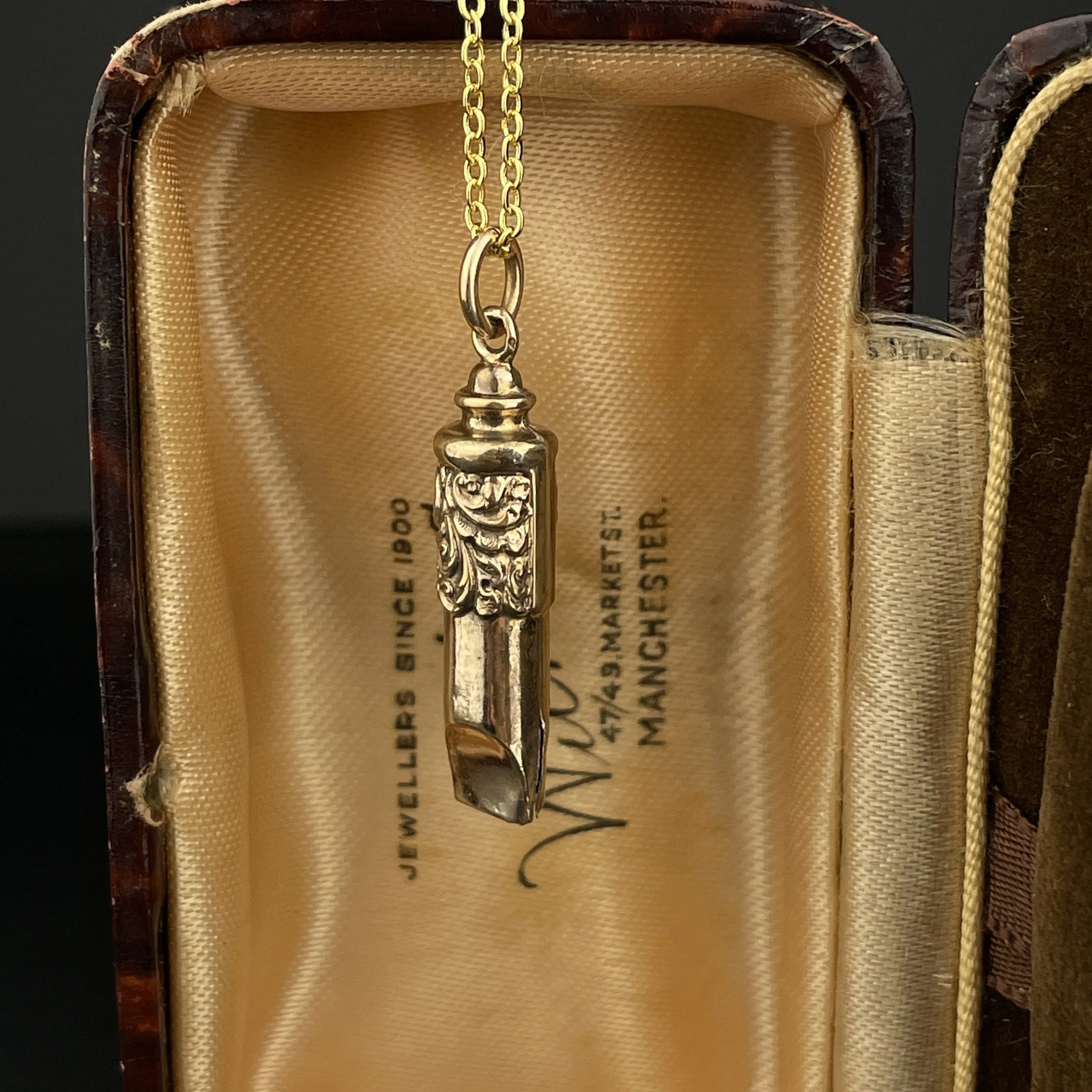 Antique Rolled Gold Engraved Whistle Charm Pendant Necklace