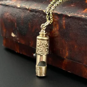 Antique Rolled Gold Engraved Whistle Charm Pendant Necklace