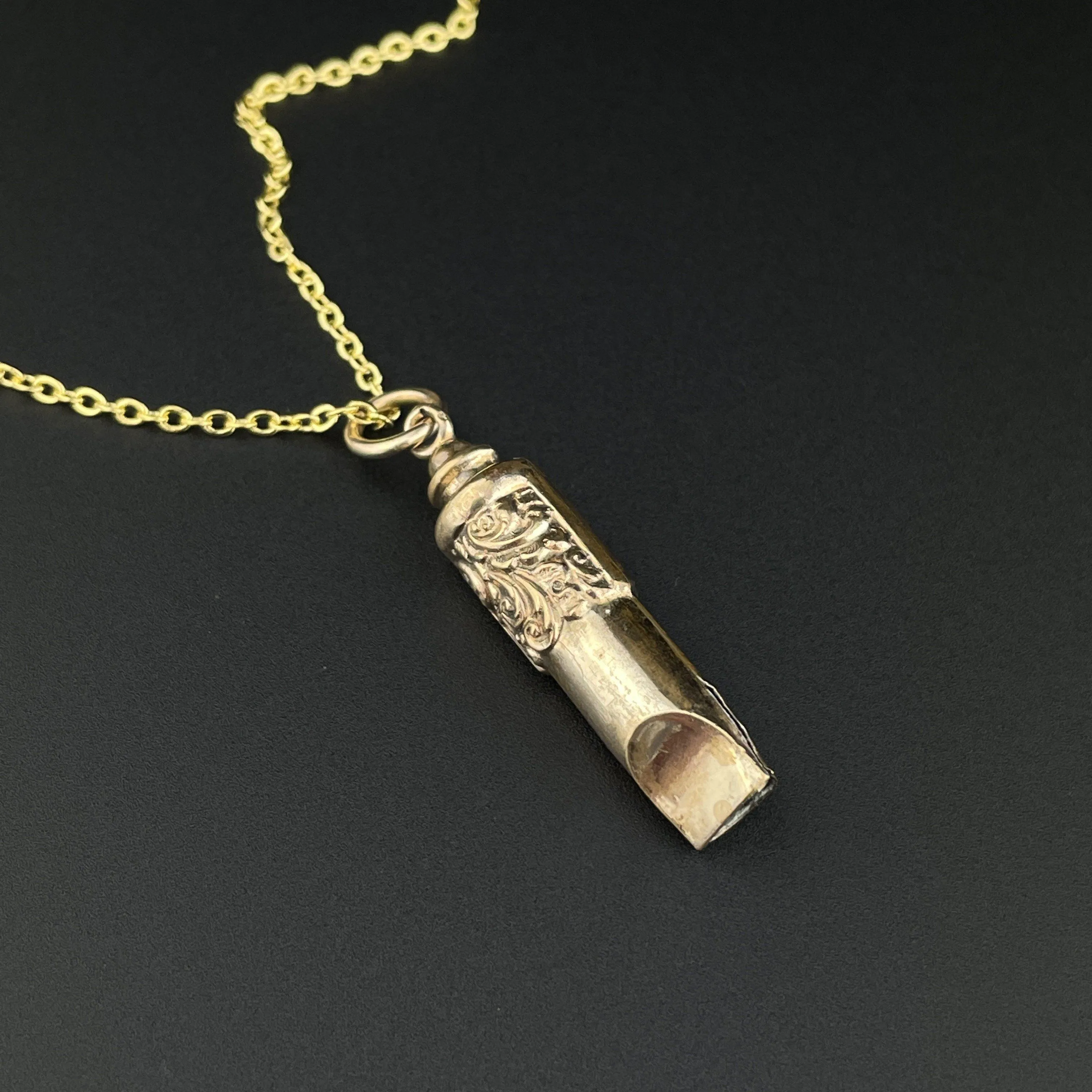 Antique Rolled Gold Engraved Whistle Charm Pendant Necklace