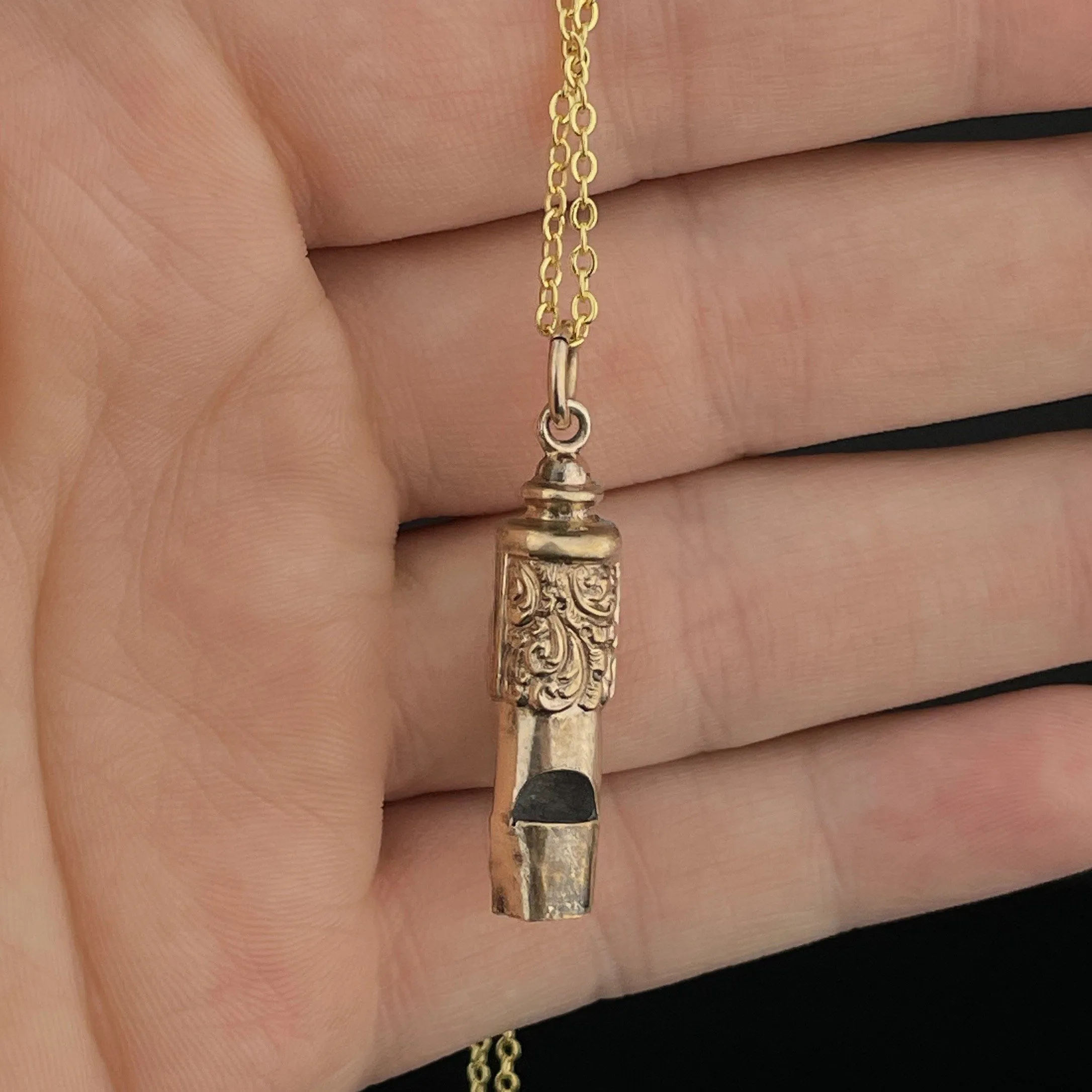 Antique Rolled Gold Engraved Whistle Charm Pendant Necklace