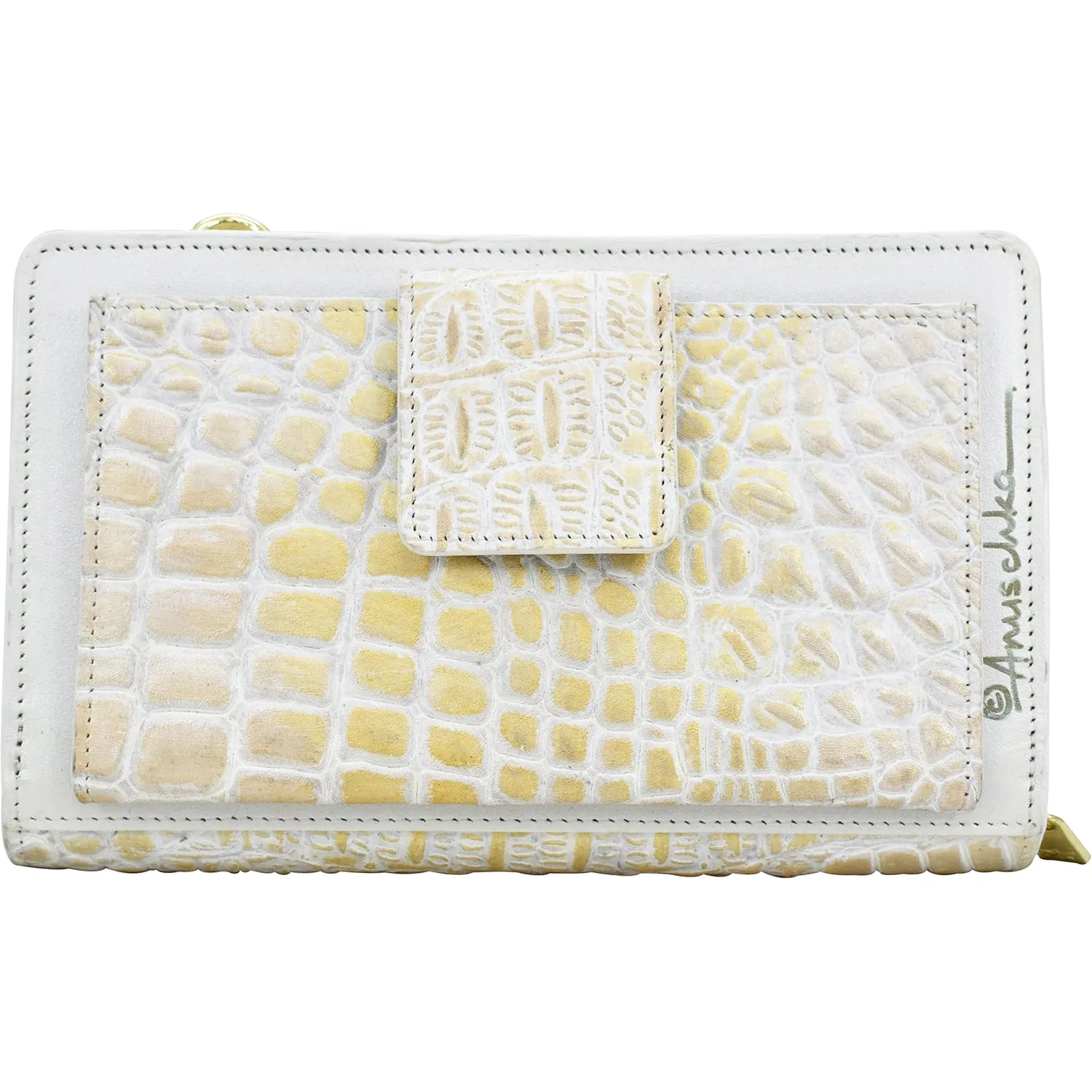 Anuschka Organizer Wallet Crossbody Croc Embossed Cream Gold Leather