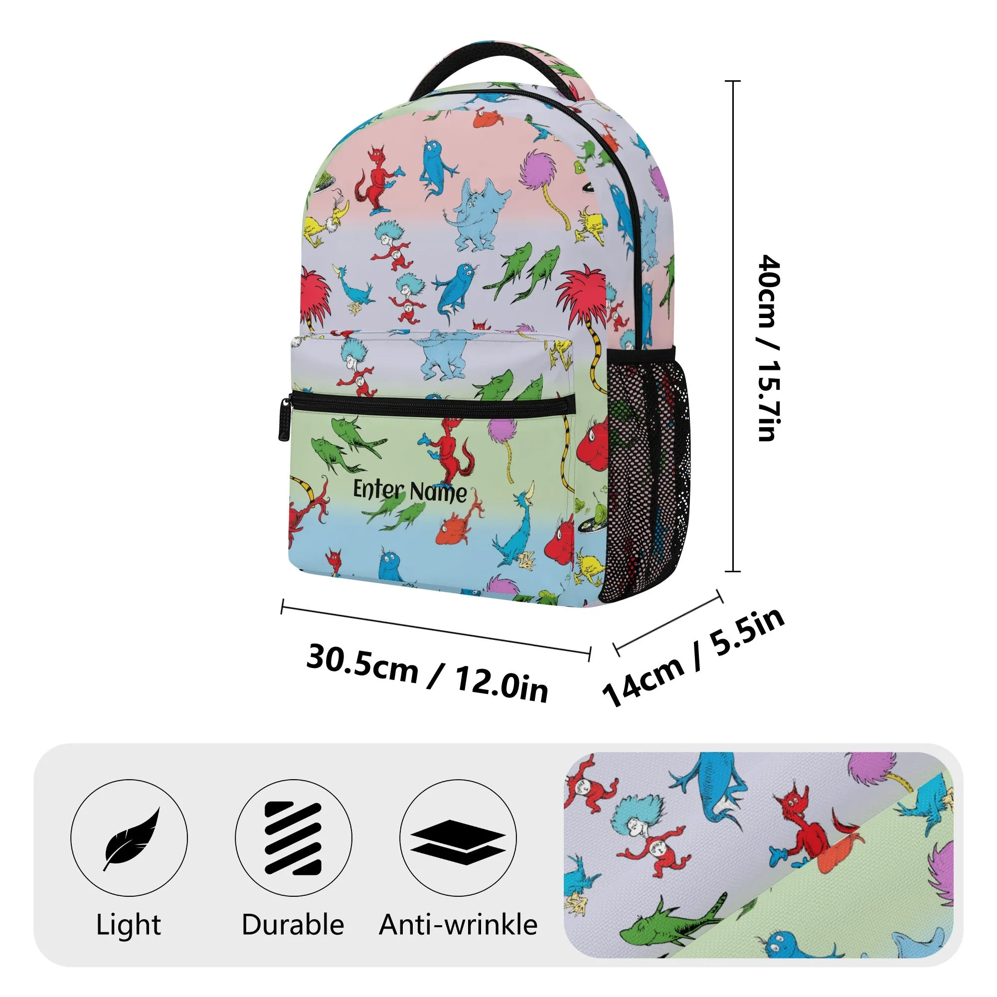 Back to School Supplies: Stylish & Durable Book Bags & Backpacks for Kids and Tweens. Cute Seuss Cartoon pattern