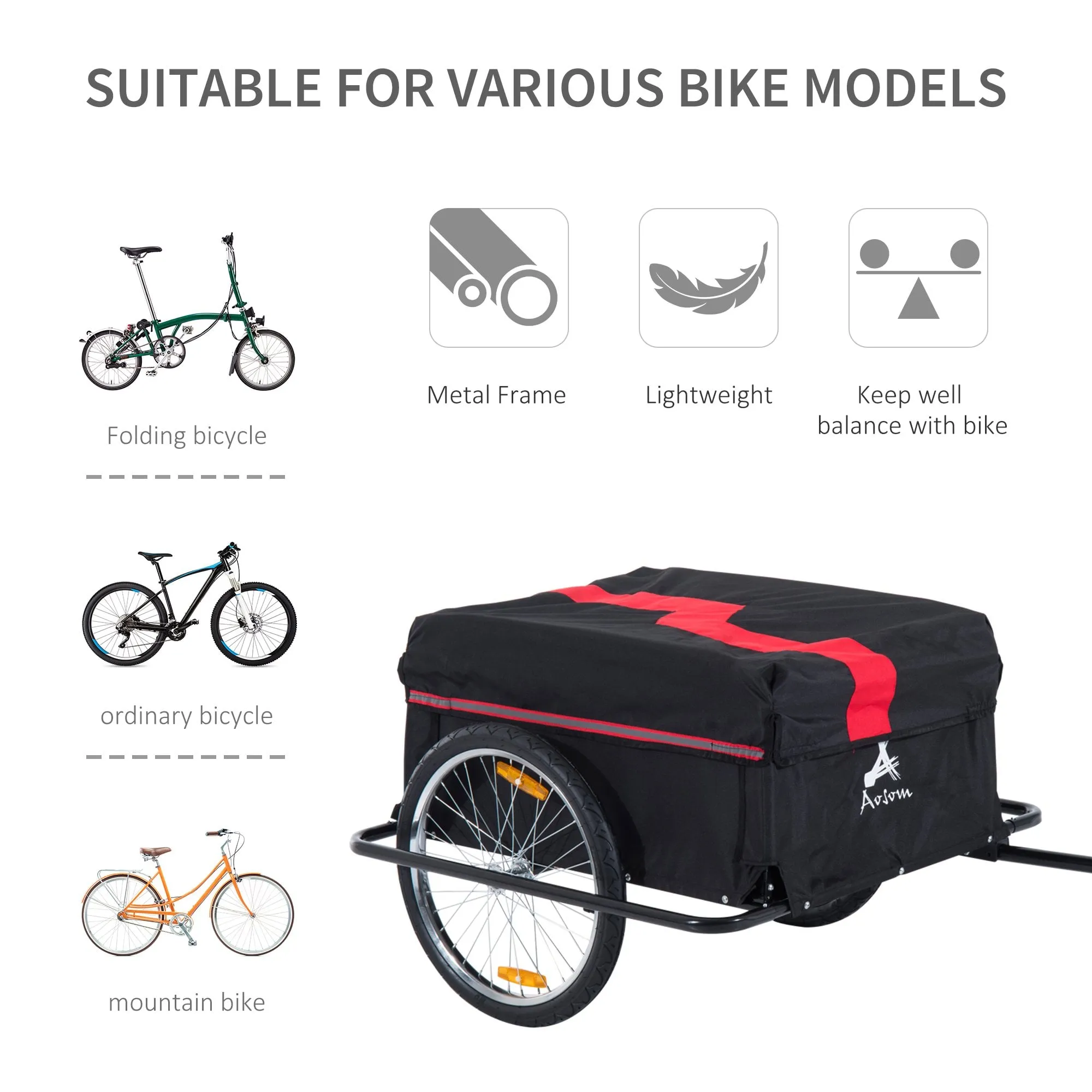 Bike Trailer Folding Cargo in Steel Frame Extra Bicycle Storage Carrier W/Removable Cover & Hitch-Red/Black