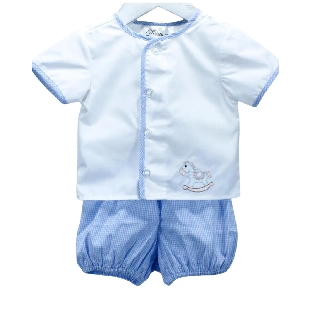 Blue Gingham Pony Diaper Set