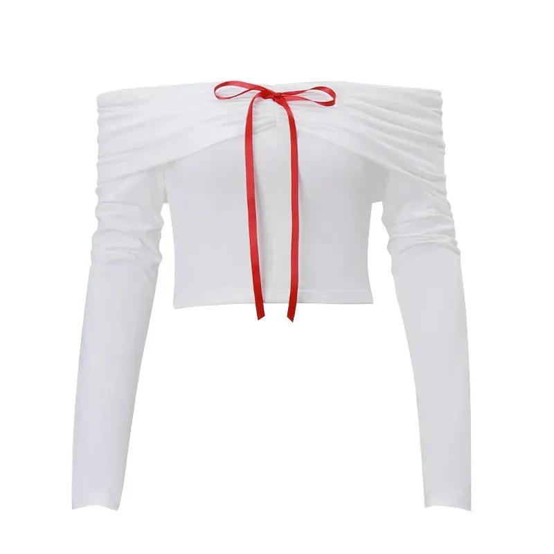 Bow Tie Off Shoulder Long Sleeve Crop Tops Coquette Fashion Y2k Clothing 2000s White T Shirts for Ladies P33-BZ20