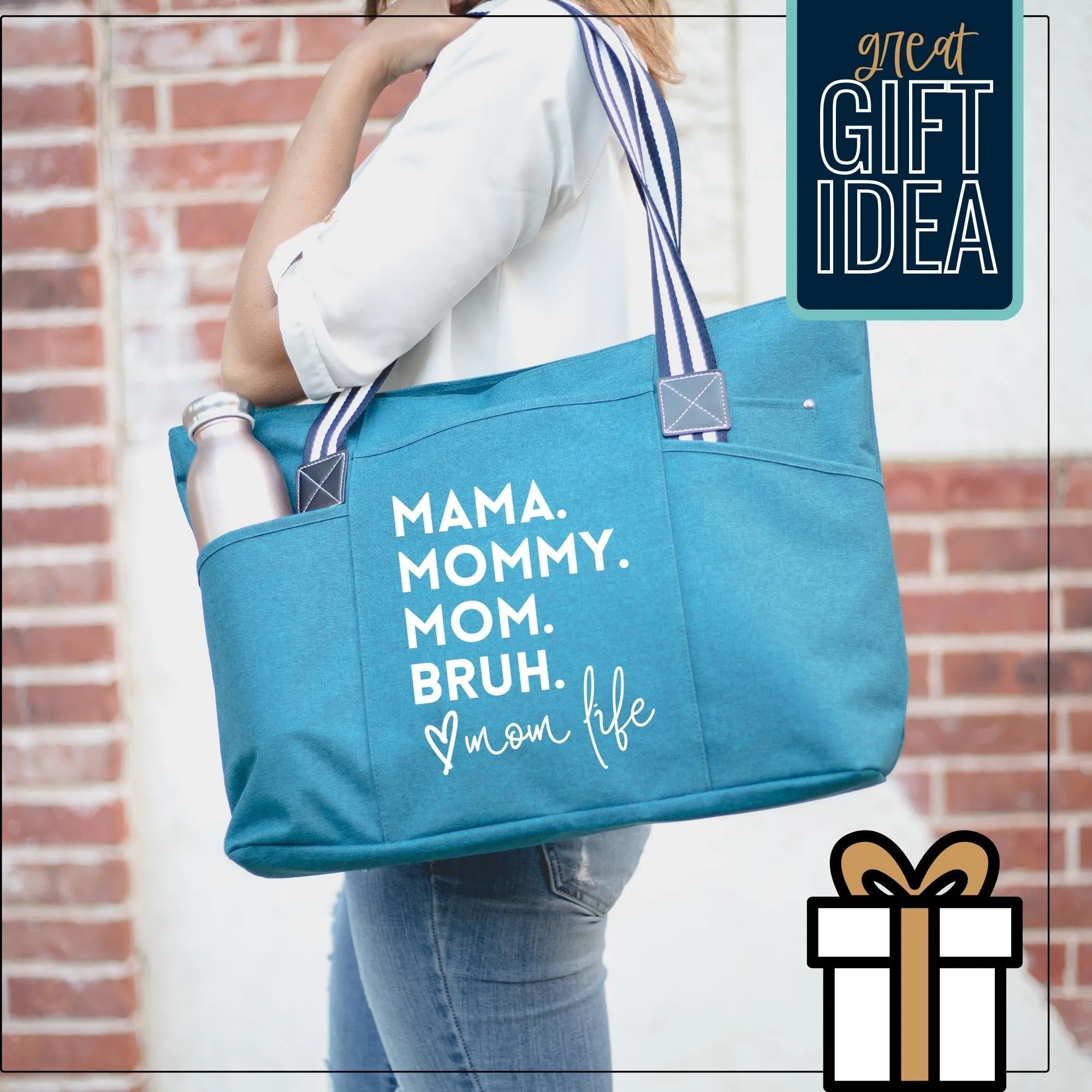 Brooke & Jess Designs Mommy Bag for Hospital - Mama Bear Mom Tote Bag - Mom Bags for Women, Maternity Gift Bags for Mamas (Mama Mommy Mom Bruh Tessa Teal)