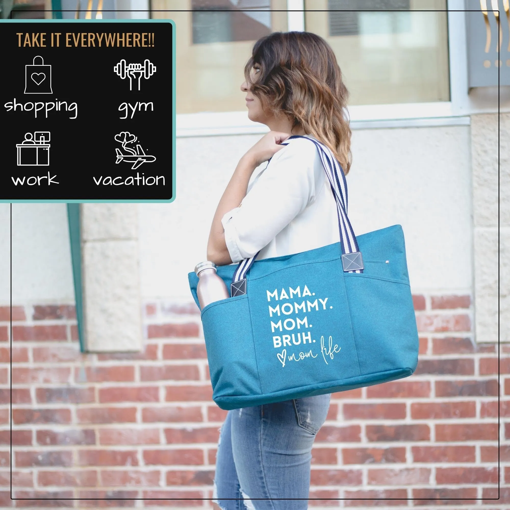 Brooke & Jess Designs Mommy Bag for Hospital - Mama Bear Mom Tote Bag - Mom Bags for Women, Maternity Gift Bags for Mamas (Mama Mommy Mom Bruh Tessa Teal)