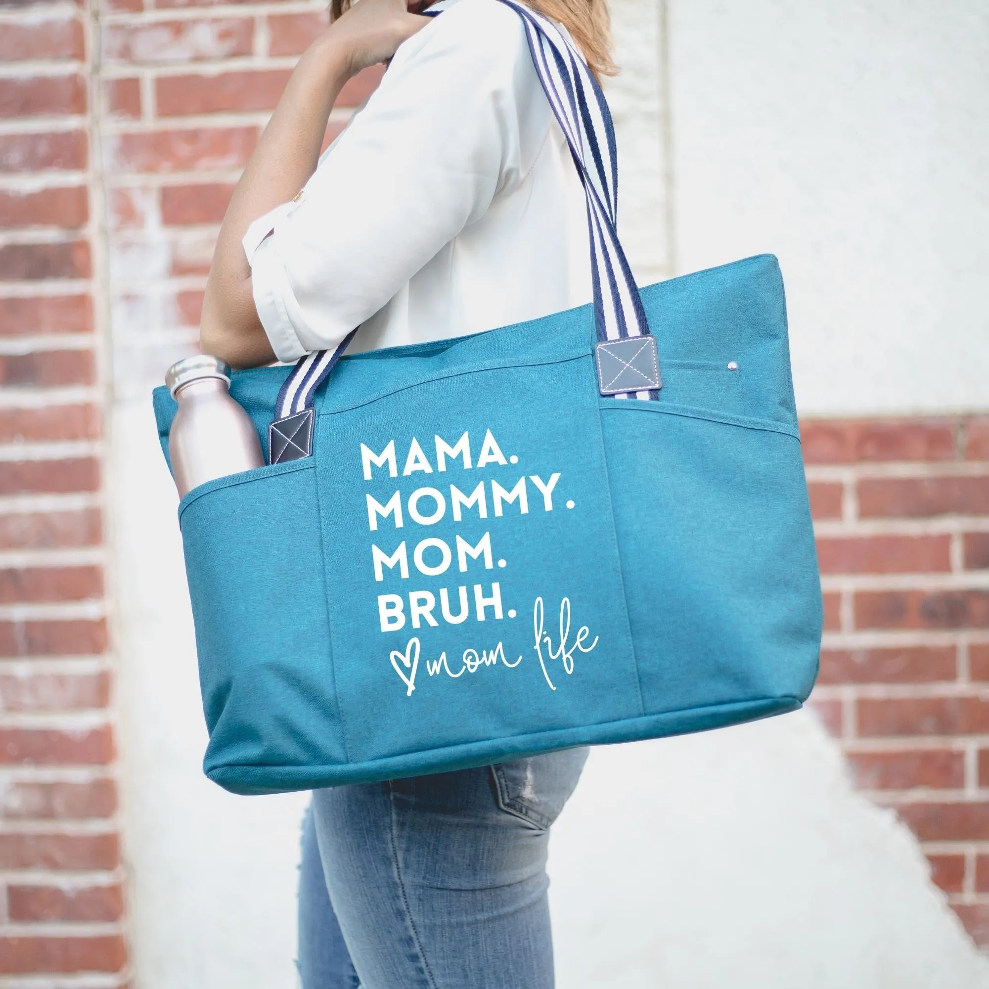 Brooke & Jess Designs Mommy Bag for Hospital - Mama Bear Mom Tote Bag - Mom Bags for Women, Maternity Gift Bags for Mamas (Mama Mommy Mom Bruh Tessa Teal)