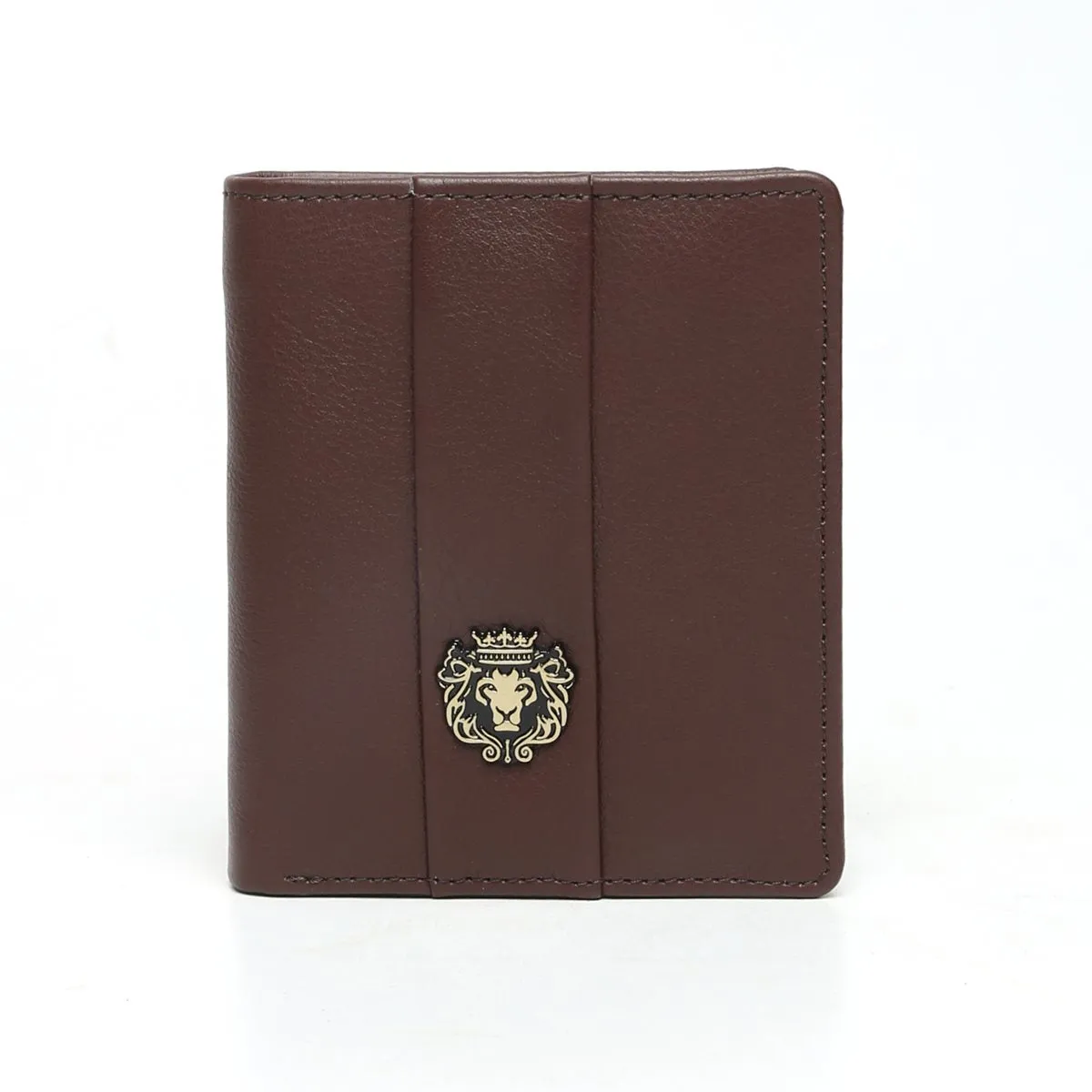 Brown passport holder with metal lion logo and wallet  cards slots in one .