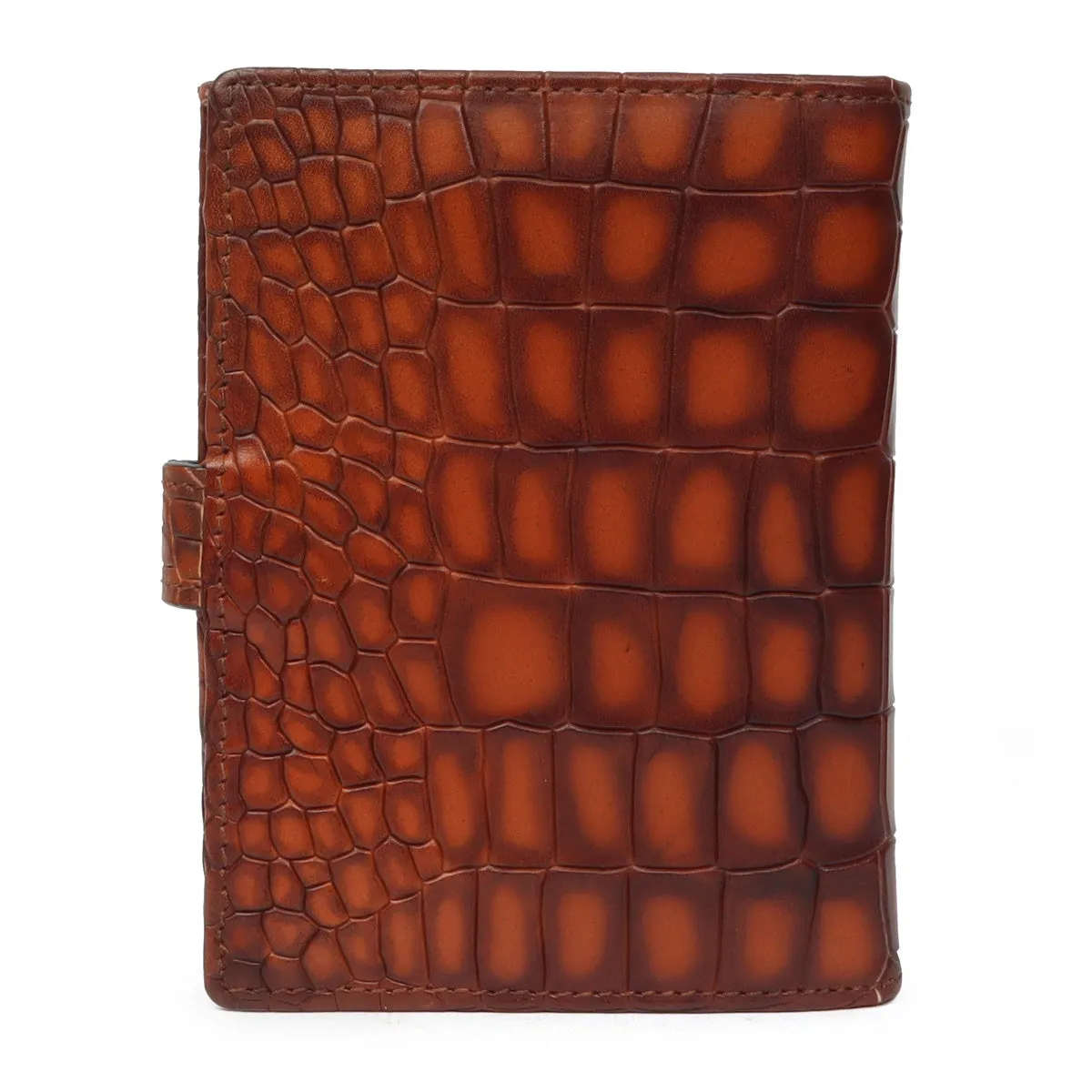 Burnished Tan Brown Deep Cut Croco Leather Passport Holder with Foldable Boarding Pass Pocket By Brune & Bareskin