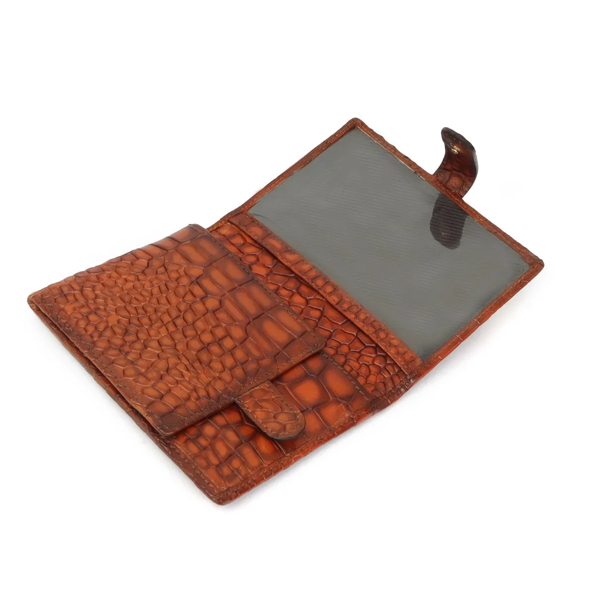 Burnished Tan Brown Deep Cut Croco Leather Passport Holder with Foldable Boarding Pass Pocket By Brune & Bareskin