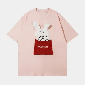 Cartoon Bunny Letter Embroidery Round Neck T-Shirt