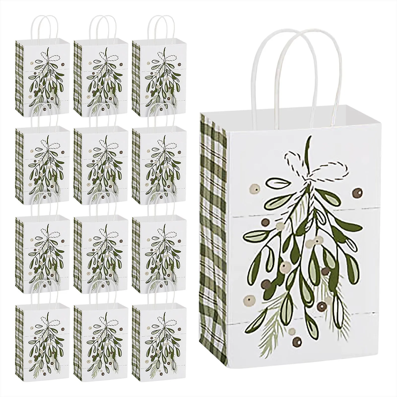 Christmas & Winter Farmhouse Plaid & Pine Paper Gift Bags and Party Favor Bags, Small Size - 5.25 Inches x 3.5 Inches x 8.25 Inches (12 Pack)