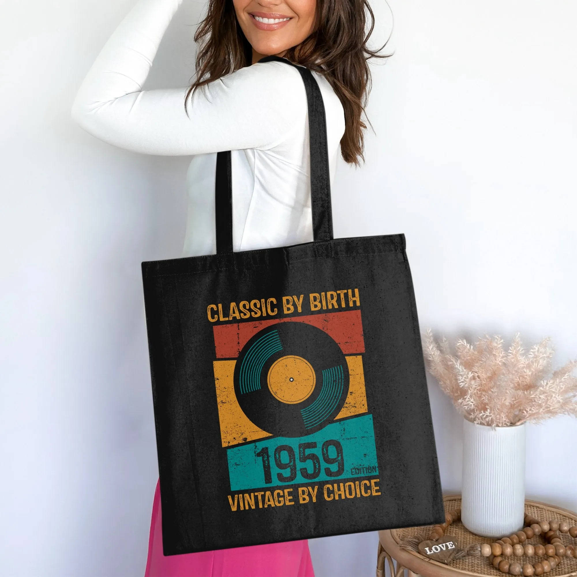 Classic by Birth Vintage by Choice 1959 Edition Tote Bag, Birthday Cotton Bag for Life, Retro Style Tote Bag Gift