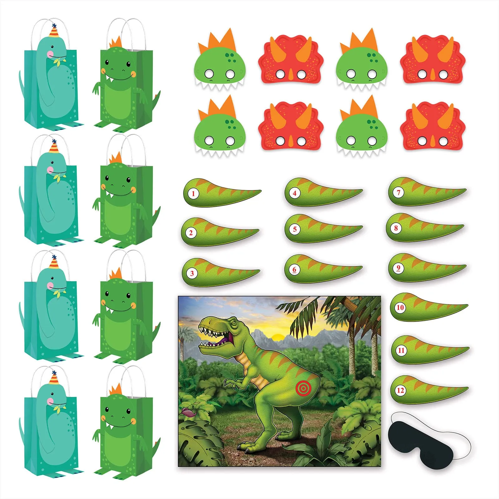 Dinosaur Party Dino-Mite Party Masks, Make Your Own Paper Gift Bags, and Pin the Tail on the Dinosaur Game For 8 Guests