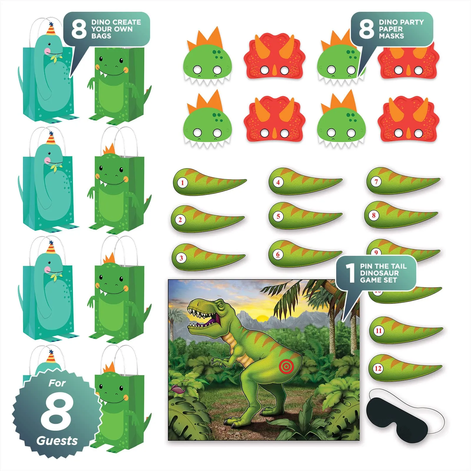 Dinosaur Party Dino-Mite Party Masks, Make Your Own Paper Gift Bags, and Pin the Tail on the Dinosaur Game For 8 Guests