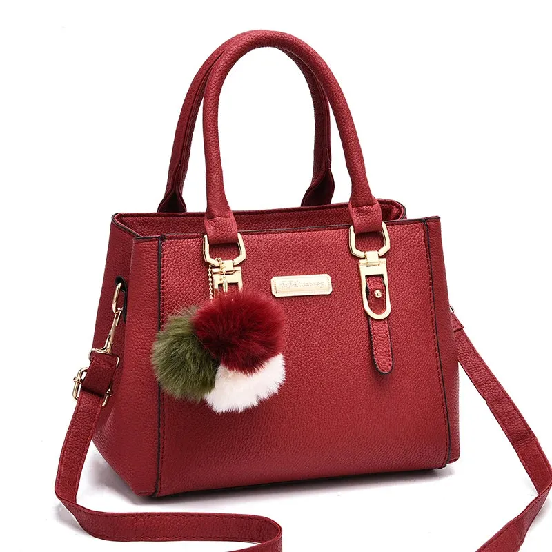 Elegant Wine-Red Tote with Pom-Pom Charm