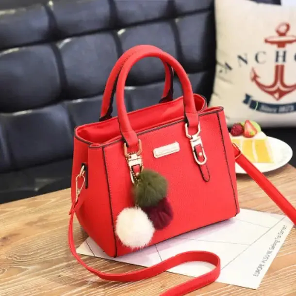 Elegant Wine-Red Tote with Pom-Pom Charm