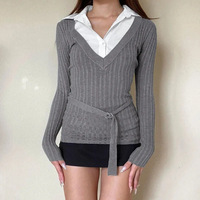 Fashion Knitted Slim Autumn Tee Shirts Patched Pullover Top Belt Harajuku Turn-Down Collar T-shirts Korean Style New