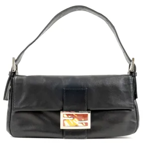 FENDI Mamma Baguette Leather Shoulder Bag Black 26424