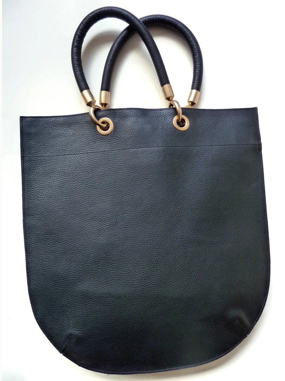 Flat Oblong Pebble Grain Leather Tote Bag Black