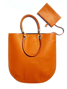 Flat Oblong Pebble Grain Leather Tote Bag Orange