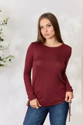 Full Size Drawstring Round Neck Long Sleeve Top