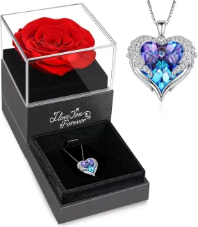 Galox Preserved Rose Flower with Heart Necklace, Gift for Wife, Girlfriend, Fiancée On Valentines Day Birthday Anniversary, Necklace with Rose Flower Box Bag Gift Card (Purple (Red Rose))