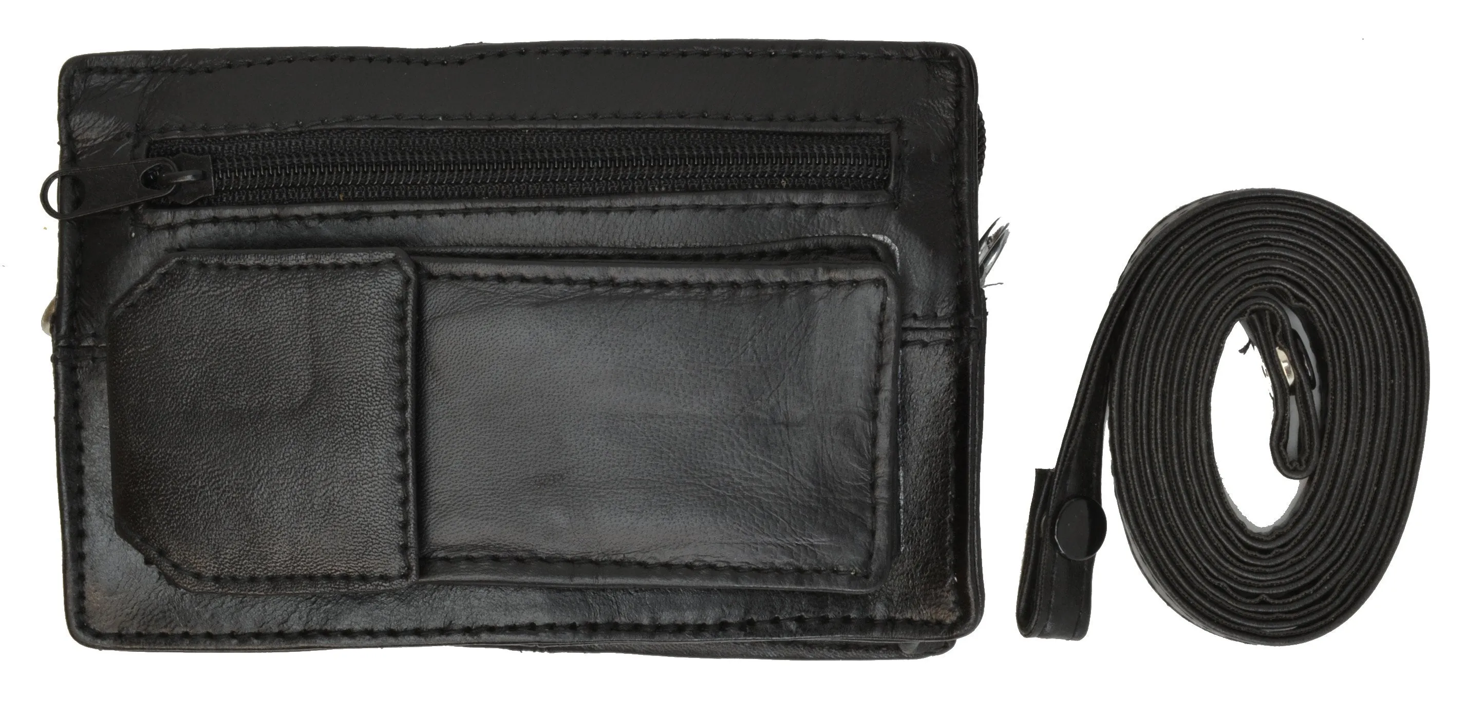 Genuine Leather Small Black Organizer Purse Pouch with Strap 129