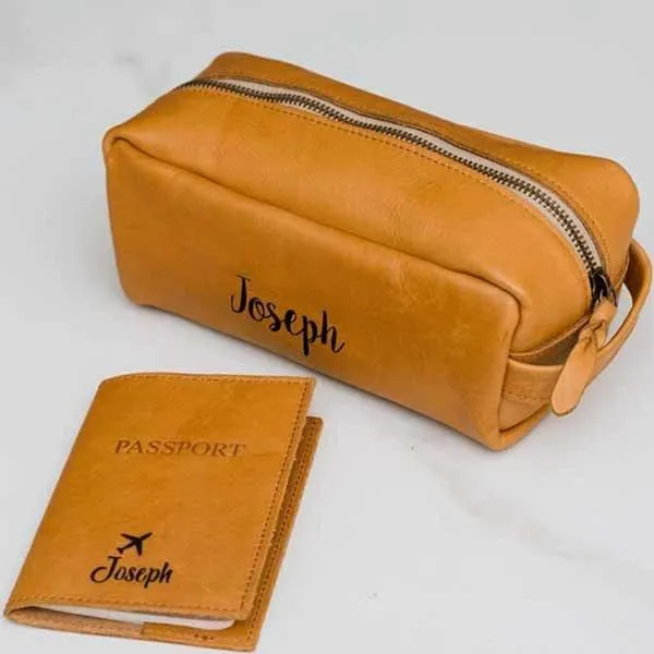 Genuine Leather Travel Set - Tan