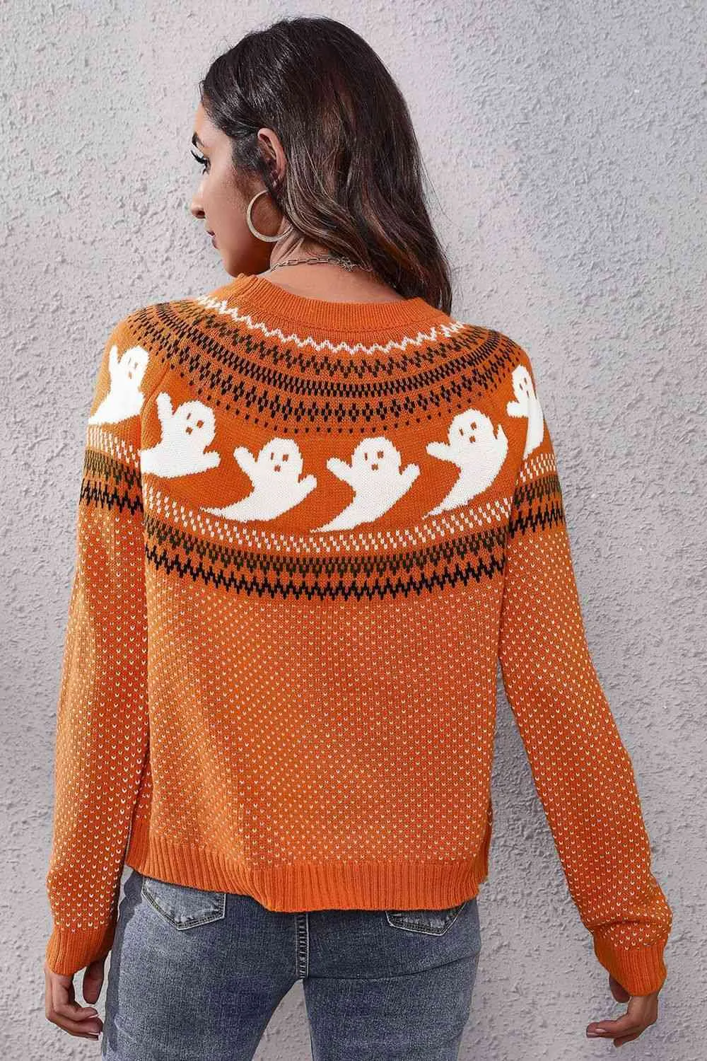 Ghost Pattern Round Neck Long Sleeve Sweater