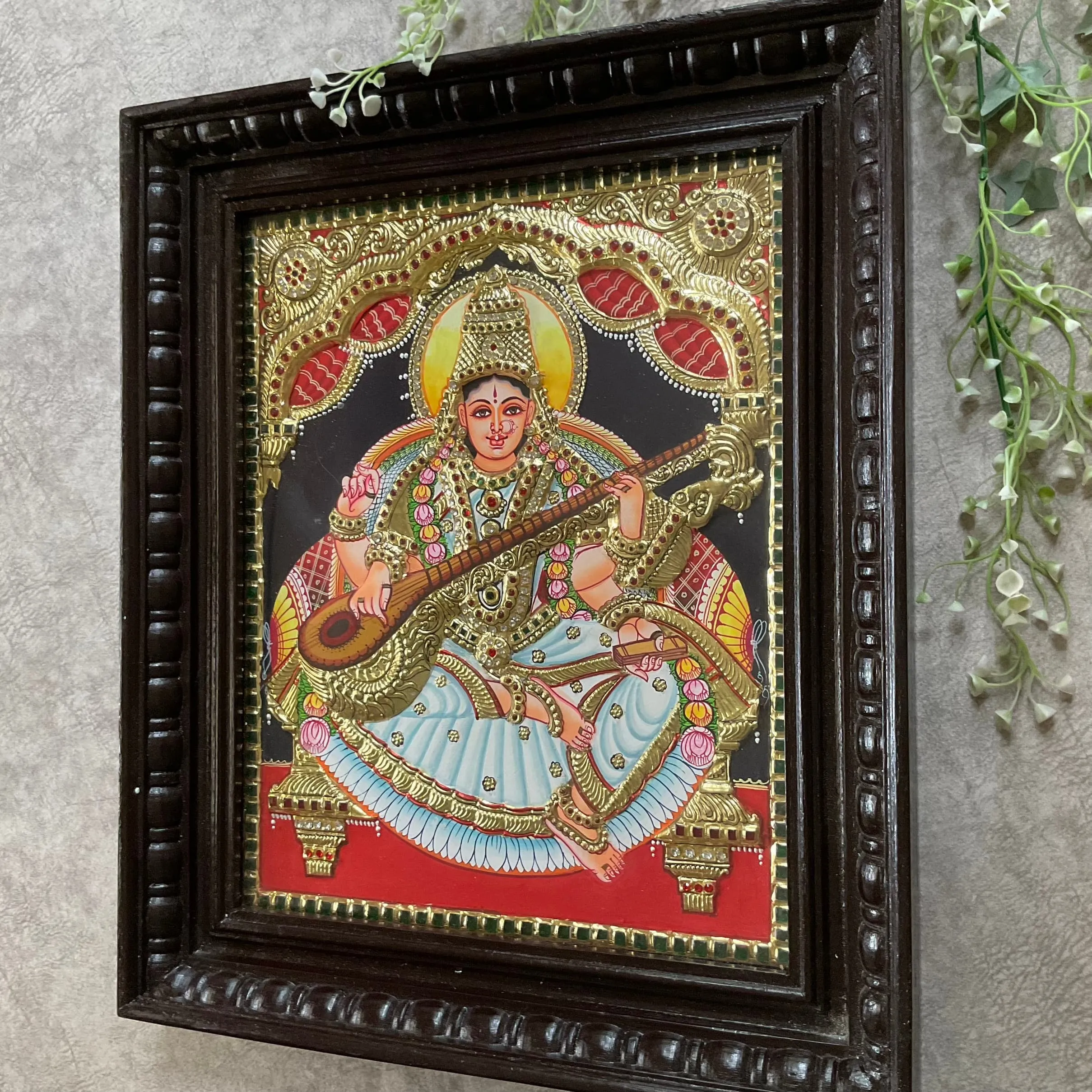 Goddess Saraswati 3D Tanjore Painting - Traditional Wall Art